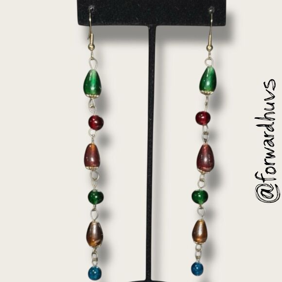 Handmade Long Glass Bead Earrings – Irregular Shape, Artisan Dangle, Boho Style - Picture 3 of 9